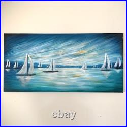 Original Art Acrylic Nautical Sailboat Canvas Painting Seascape Boats 24x48