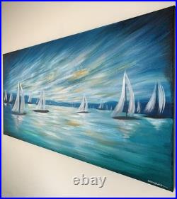 Original Art Acrylic Nautical Sailboat Canvas Painting Seascape Boats 24x48