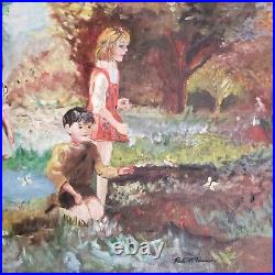 Original Art Children Playing In Nature Oil Painting On Canvas 16×20 Signed