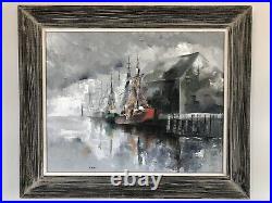 Original Art Fishing Boat Shipyard Harbor Dock Painting by Koslow Oil on Canvas