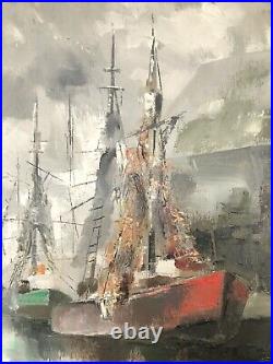 Original Art Fishing Boat Shipyard Harbor Dock Painting by Koslow Oil on Canvas