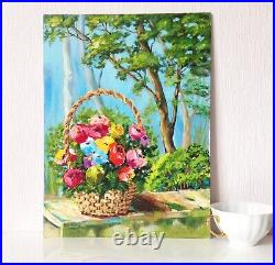 Original Art Flower Basket Wildflower Painting on Canvas Gift for Her 16 x 12