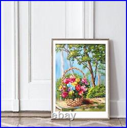 Original Art Flower Basket Wildflower Painting on Canvas Gift for Her 16 x 12