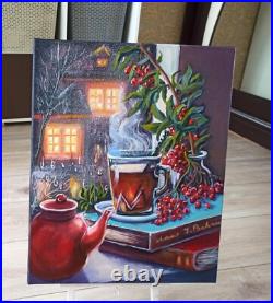 Original Art Oil Painting on Canvas 46x38cm Tea Cup Still Life Original Artwork