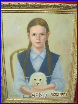 Original Art Oil Painting on Canvas Portrait of Girl with Dog signed W. Burnside