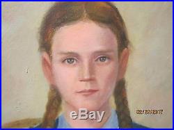 Original Art Oil Painting on Canvas Portrait of Girl with Dog signed W. Burnside