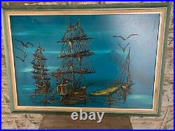 Original Art Painting Oil On Canvas Ships Ocean Dock Signed Toms 40.5X28.25