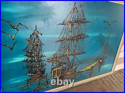Original Art Painting Oil On Canvas Ships Ocean Dock Signed Toms 40.5X28.25