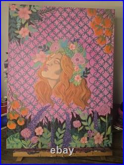 Original Art Painting Woman with Floral Crown Botanical Acrylic on Canvas 18x24
