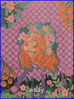Original Art Painting Woman with Floral Crown Botanical Acrylic on Canvas 18x24