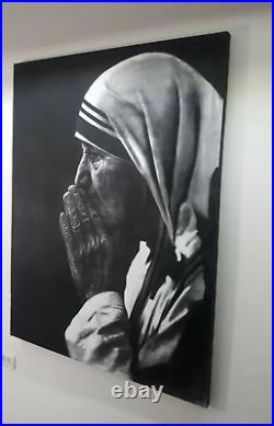 Original Art Painting Yosvany Arango Charcoal on Canvas Mother Teresa Painting