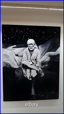 Original Art Painting Yosvany Arango Charcoal on Canvas Shirdi Sai Baba painting