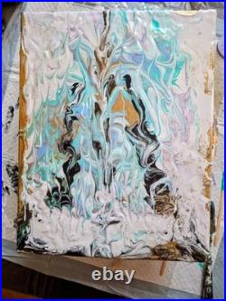 Original Art Pour Abstract Canvas 11x14, Light Blue, Black, Greens, Gold