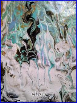Original Art Pour Abstract Canvas 11x14, Light Blue, Black, Greens, Gold