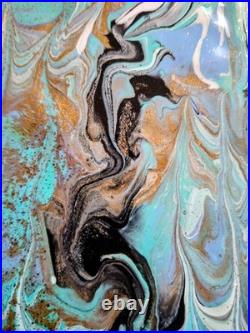 Original Art Pour Abstract Canvas 11x14, Light Blue, Black, Greens, Gold