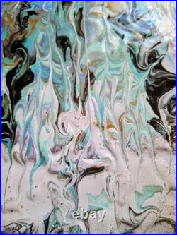 Original Art Pour Abstract Canvas 11x14, Light Blue, Black, Greens, Gold