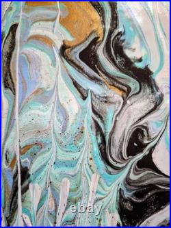 Original Art Pour Abstract Canvas 11x14, Light Blue, Black, Greens, Gold