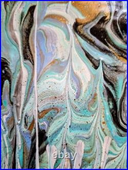 Original Art Pour Abstract Canvas 11x14, Light Blue, Black, Greens, Gold