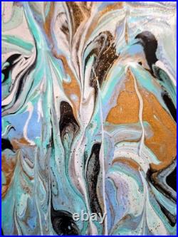 Original Art Pour Abstract Canvas 11x14, Light Blue, Black, Greens, Gold