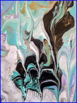 Original Art Pour Abstract Canvas 11x14, Light Blue, Black, Greens, Gold
