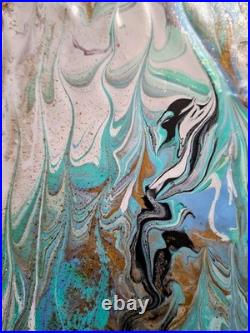 Original Art Pour Abstract Canvas 11x14, Light Blue, Black, Greens, Gold