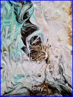 Original Art Pour Abstract Canvas 11x14, Light Blue, Black, Greens, Gold