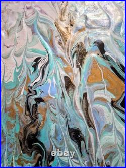 Original Art Pour Abstract Canvas 11x14, Light Blue, Black, Greens, Gold