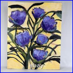 Original Art Purple Flowers Green Stems Yellow Background on Canvas Signed 16x20