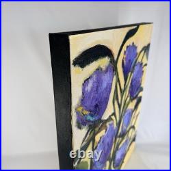 Original Art Purple Flowers Green Stems Yellow Background on Canvas Signed 16x20