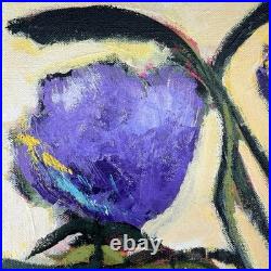 Original Art Purple Flowers Green Stems Yellow Background on Canvas Signed 16x20