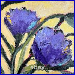 Original Art Purple Flowers Green Stems Yellow Background on Canvas Signed 16x20