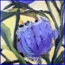 Original Art Purple Flowers Green Stems Yellow Background on Canvas Signed 16x20