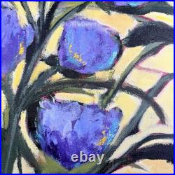 Original Art Purple Flowers Green Stems Yellow Background on Canvas Signed 16x20