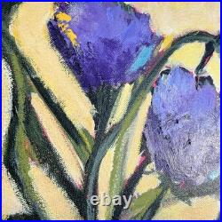 Original Art Purple Flowers Green Stems Yellow Background on Canvas Signed 16x20