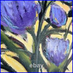 Original Art Purple Flowers Green Stems Yellow Background on Canvas Signed 16x20