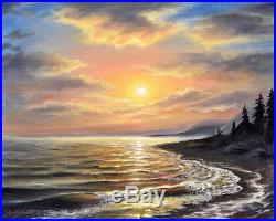 Original Art Sunset Over Lake Shore Painting on Canvas Signed by Chuck Black