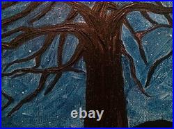Original Art on Canvas Acrylic Painting of Moon and Tree Midnight Dream