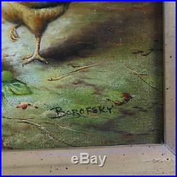 Original Borofsky Oil Painting on Canvas of Farmyard Chickens with Ornate Frame