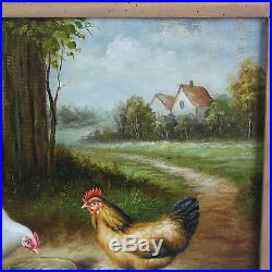 Original Borofsky Oil Painting on Canvas of Farmyard Chickens with Ornate Frame