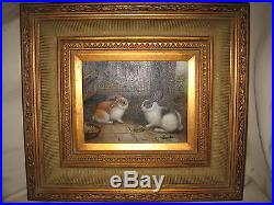Original Bunny Rabbits Oil Painting on 8x10 Canvas 17x19 Ornate Heavy Wood Frame