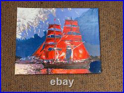 Original Colonial Merchantman Fireworks Exploding Red Sails Oil Painting 16x20