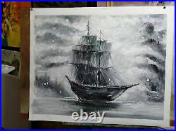 Original Creepy Ghost Pirate Ship Night Fog Painting on Canvas, B&W 20x24