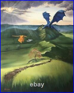 Original Dragon Fantasy art oil painting On Canvas Valley Of Dragons 22x28