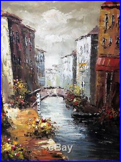 Original Framed Oil On Canvas Painting Venetian Bridge, Venice, Italy