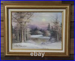 Original Framed Oil Painting on Canvas of Snow Covered Mountains Signed Antonio