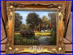 Original Framed Oil on Canvas of Cottages by a River Crossing by Malcolm Gearing