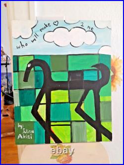 Original Green Painting Of Horse Acrylic On Canvas 16x20 Outsider Art. Horizon