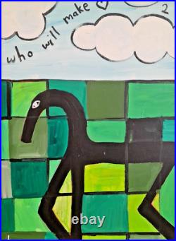 Original Green Painting Of Horse Acrylic On Canvas 16x20 Outsider Art. Horizon