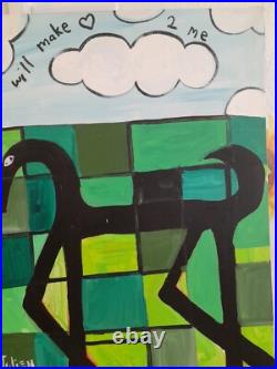 Original Green Painting Of Horse Acrylic On Canvas 16x20 Outsider Art. Horizon