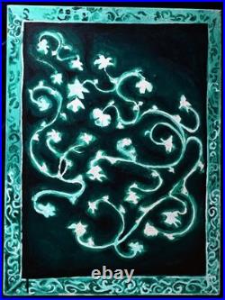 Original Green Teal Flower Painting In Painted Frame Acrylic On Canvas 16x24